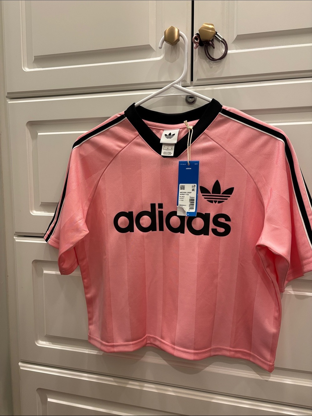 New adidas Pink Short Sleeve Trefoil Logo Tee with Black Accents